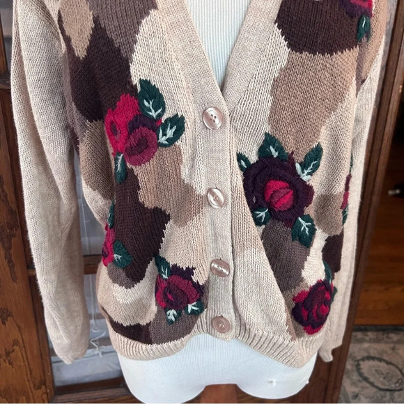 Vintage Milano Design Cream Brown Roses Knit Button Up Cardigan Sweater Size S - Picture 2 of 8